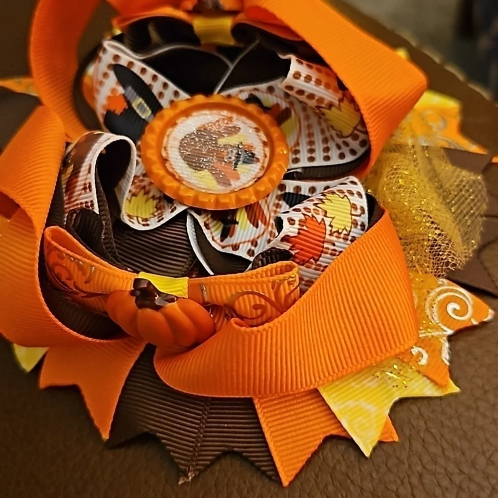 Large Turkey Thanksgiving Fall Round Ribbon Hair Bow
